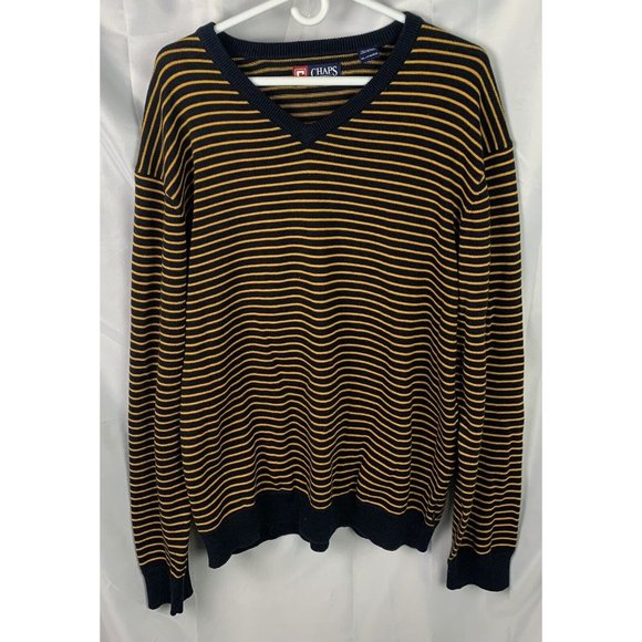 Chaps Sweater Mens Size Extra Large XL Navy Gold Striped Long Sleeve Pullover - Picture 1 of 5
